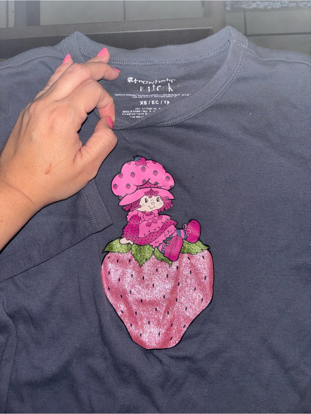 Strawberry Shortcake Graphic Long Sleeve Tee - Pink on Charcoal Y2K style